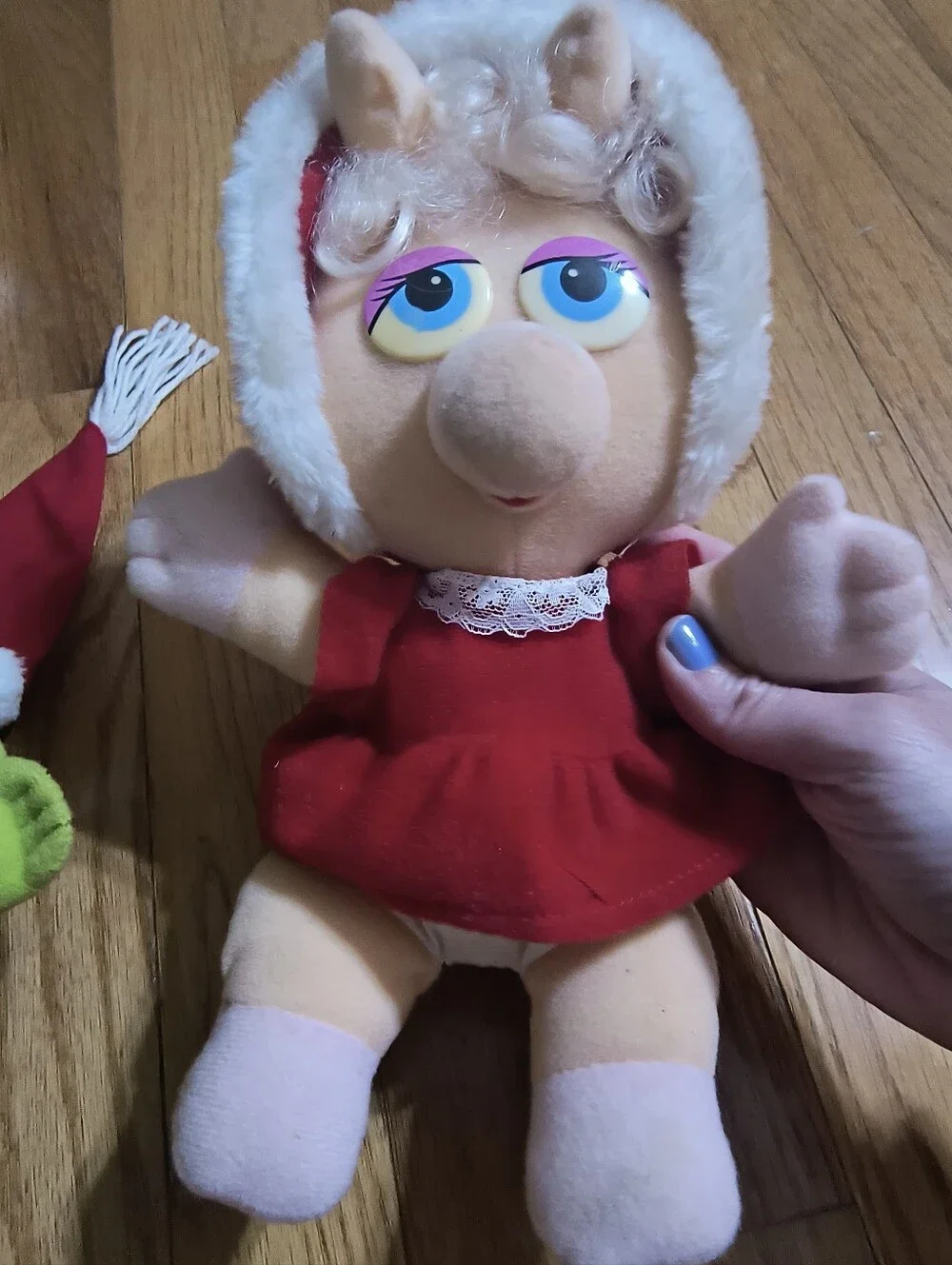 Lot of two 1987 Baby Miss Piggy and Baby Kermit muppets Christmas plush toys